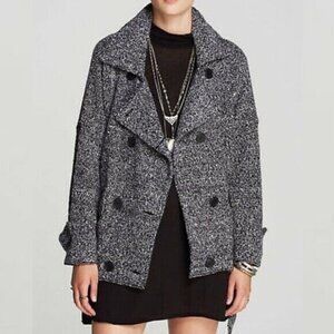 $169 Free People Slouchy Moto Jacket - Belted Trench Pea Coat Black Tweed SMALL